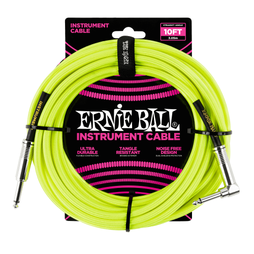 Ernie Ball 6080 кабель инструментальный, оплетёный, 3,05 м, прямой/угловой джеки, жёлтый