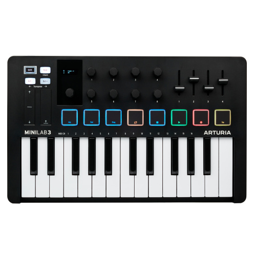 Arturia MiniLAB 3 Black Edition 25 клавишная MIDI-клавиатура пэд-контроллер, 9 регуляторов, 8 RGB пэдов, 8 фейдеров, дисплей, сенсорные регуляторы Pit фото 2