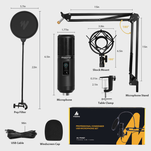 Maono AU-PM421 USB-микрофон, конденсаторный кардиоидный c кнопкой Mute и регулировкой чувствительности с пантографом, держателем "паук", поп-фильтром, фото 4