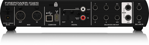Behringer FCA610 внешний звуковой/MIDI интерфейс, USB2.0/Firewire, 6 вх/10 вых каналов. 2 мик/ инстр вх (комб. XLR+1/4"TS, предусилители MIDAS), 2 лин фото 4