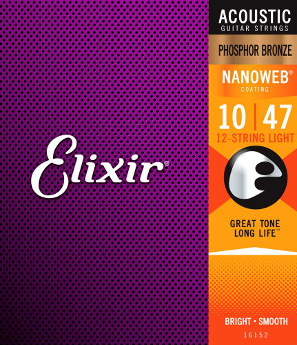 Elixir 16152 NanoWeb струны для 12-струнной акустической гитары Light 10-47/10-27, фосфор/бронза