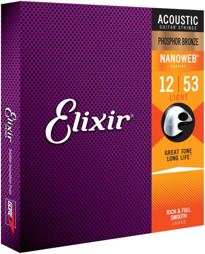 Elixir 16052 NanoWeb струны для акустической гитары 12-53 фосфор/бронза
