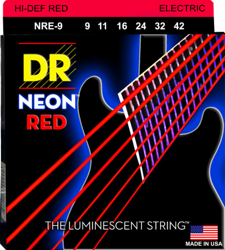 DR NRE-9 HI-DEF NEON струны для электрогитары с люминисцентным покрытием красные 9 42