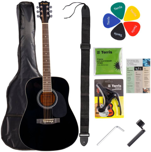TERRIS TD-041 BK Starter Pack набор гитариста: ак. гитара черного цвета и комплект аксессуаров
