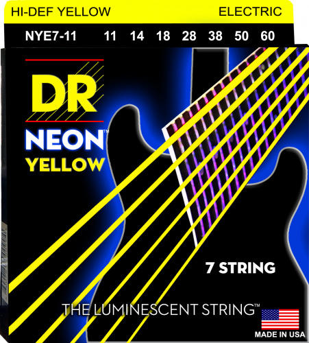 DR NYE7-11 HI-DEF NEON струны для 7-струнной электрогитары с люминесцентным покрытием жёлтые 11 -
