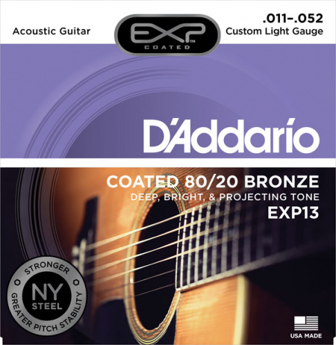 D'ADDARIO EXP13 Coated 80/20 Bronze, Custom Light, 11-52 струны с полимерным покрытием для акустической гитары, 11-52