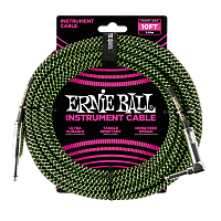Ernie Ball 6077 кабель инструментальный, оплетёный, 3,05 м, прямой/угловой джеки, чёрно-зелёный