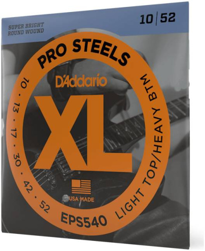 D'Addario EPS540 струны для электрогитары, ProSteels, Light Top/Heavy Bottom, 10-52