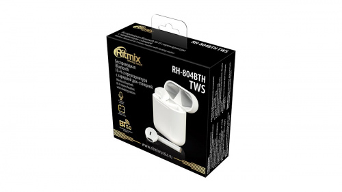RITMIX RH-804BTH TWS White Bluetooth 5.0+EDR, 10 мм, 20-20000 Гц, 32 Ом, 40 мАч (наушники), кейс 300 мАч, до 4 ч на одном заряде, USB Type-C, пластик фото 2