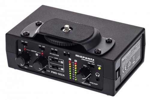 Marantz PMD602A Двухканальный DSLR аудиоинтерфейс; 20 Гц-20 кГц; +12 В/+48 В (переключатель); входы: 2x XLR / TRS (1/8 "); выходы: 1x 1/8" TRS стерео 