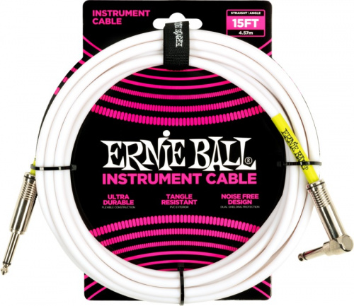 ERNIE BALL 6400 кабель инструментальный, прямой угловой джеки, 4,57 метров, белый фото 2