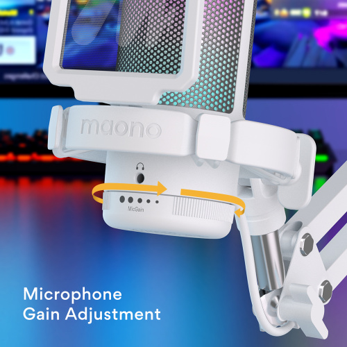 Maono DGM20S (white), конденсаторный USB микрофон, пантограф, 24bit 48kHz, RGB подсветка,поп-фильтр фото 10