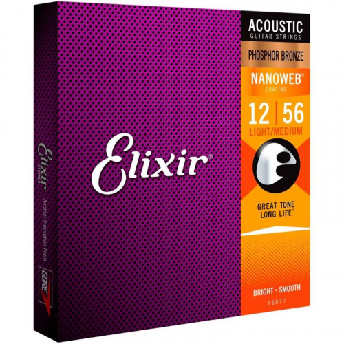 Elixir 16077 Струны для акустической гитары Medium 12-56 фосфорная бронза, покрытие Nanoweb фото 3
