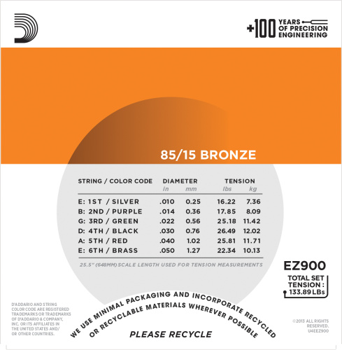 D'Addario EZ900 струны для акустической гитары, бронза 85/15, Extra Light 10-50 фото 3