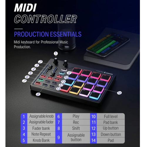 Donner DPD-16  MIDI Drum контроллер с 16 пэдами для создания музыки фото 4
