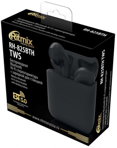 RITMIX RH-825BTH TWS black Bluetooth 5.0 + EDR, сенсорное управление, 12 мм, 20-20000 Гц, 32 Ом, 35 мАч (наушники), 350 мАч (кейс), до 4 ч на одном за фото 5