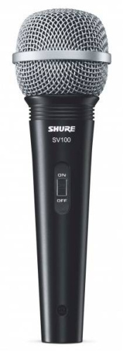 SHURE SV100-A микрофон динамический вокально-речевой с выключателем и кабелем (XLR-6.3 мм JACK), черный, серебристая сетка