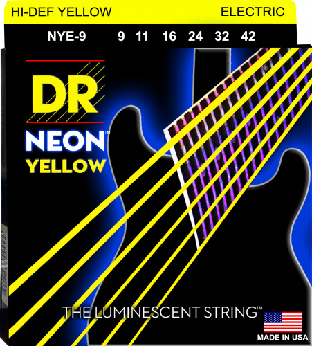DR NYE-9 HI-DEF NEON струны для электрогитары с люминесцентным покрытием жёлтые 9 42