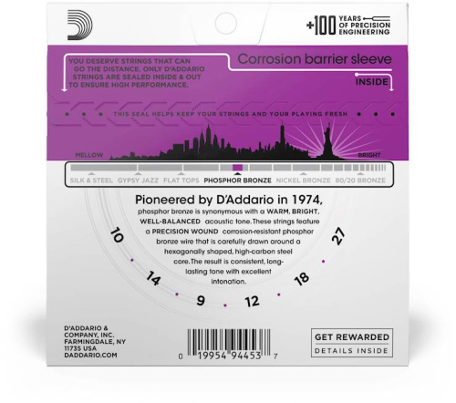 D'Addario EJ38H комплект тонких струн (6 шт) для 12 стр. гит, фосф. бр, 010-027. фото 3