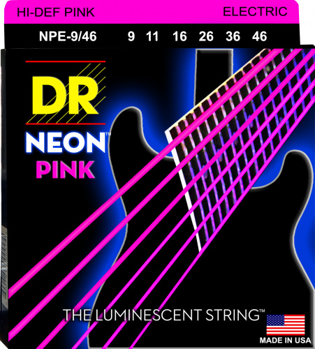 DR NPE-9/46 HI-DEF NEON струны для электрогитары с люминесцентным покрытием розовые 9 46