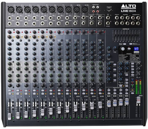 Alto LIVE 1604 микшер, 8 моновходов, 4 стерео, 10 микрофонных предусилителей, 4 AUX-шины, 4 подгруппы, процессор эффектов, USB