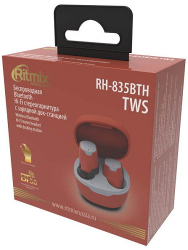 RITMIX RH-835BTH TWS Bright Orange Bluetooth 5.0, сенсорное управление, 30-20000 Гц, 16 Ом, 40 мАч (наушники), 300 мАч (кейс), до 5 ч на одном заряде, фото 2