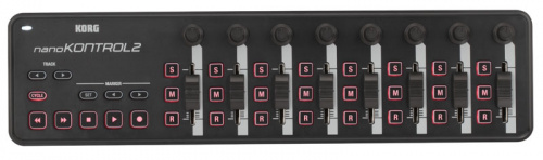 KORG NANOKONTROL2-BK портативный USB-MIDI-контроллер, 8 фейдеров, 8 регуляторов, 24 кнопки, транспортные кнопки, кнопки Cycle, Marker, Track, разъём m