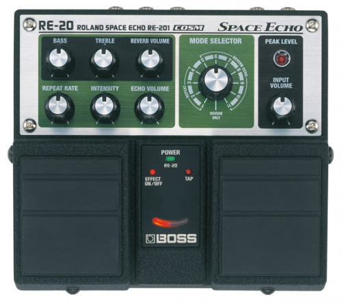 BOSS RE-20 сдвоеная педаль Space Echo. Винтажных эффектов задержки. Регуляторы: EQ, Reverb Volume, Mode Selector, Repeat Rate, Intensity, Echo Volume.