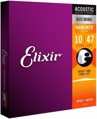 Elixir 11002 NanoWeb струны для акустич. гитары Extra Light 10-47 бронза 80/20