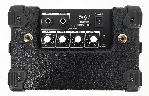 BG MG5 Усилитель гитарный комбо, 5 Вт, 6,5", питание от батареи или аккумулятора, Input, Gain, Bass, Treble, Level, Phones фото 4