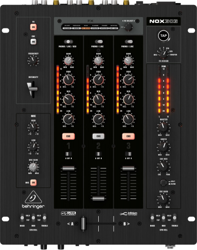 Behringer NOX303 DJ-микшер со встроенным USB интерфейсом (3 канала, микр. предусилители XENYX, оптический VCA кроссфейдер 45 мм, 3-полосный эквалайзер фото 2