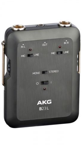 AKG B23L блок фантомного питания/двухканальный микшер, вход 2xL-разъёма/выход 3,5 мм Jack (стерео), питание 2 батареи AA