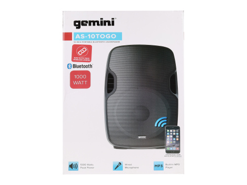 Gemini AS-10TOGO Портативная акустическая система, 10" вуфер, bluetooth, USB. SD фото 12