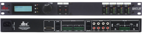 dbx 640 аудио процессор для многозонных систем. 6 входов 2 балансных мик/лин Phoenix, 4 RCA, 4 балансных Phoenix выхода, управление ЖК дисплей на лице