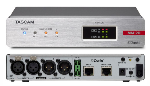 Tascam MM-2D-X Dante-Analogue конвертор с DSP Mixer, 2 MIC(+48V)/LIN входа и 2 линейных выхода с разъёмами XLR, питание PoE (Po