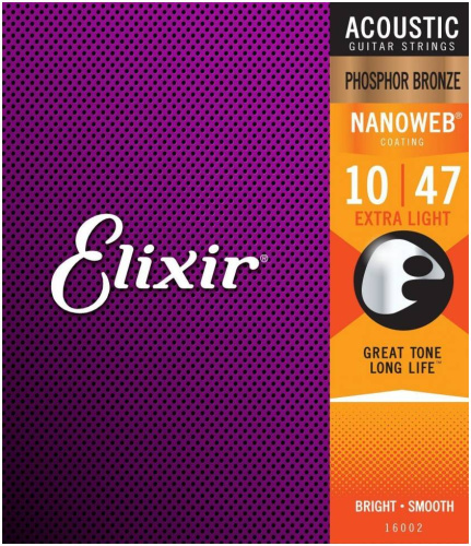Elixir 16002 NanoWeb струны для акустической гитары Extra Light 10-47, фосфор/бронза