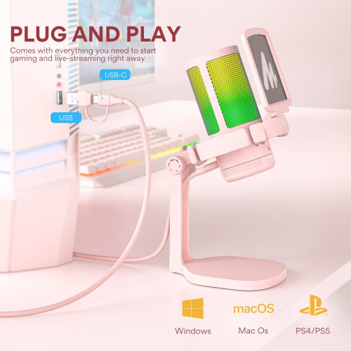 Maono DGM20 (pink), конденсаторный USB микрофон, 24bit 48kHz, RGB подсветка,поп-фильтр фото 5