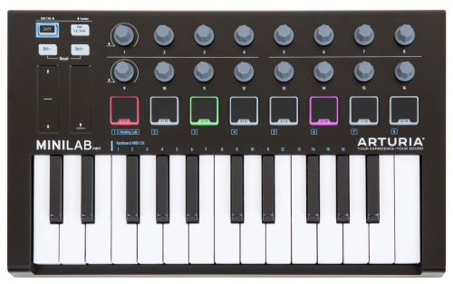 Arturia MiniLab mkII Black 25 клавишная низкопрофильная, динамическая MIDI мини-клавиатура, 16 энкодеров, 8 RGB пэдов, сенсорные регуляторы Pitch/Modu фото 2