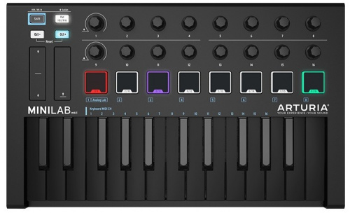 Arturia MiniLab mkII Deep Black Edition 25 клавишная низкопрофильная, динамическая MIDI мини-клавиатура, 16 энкодеров, 8 RGB пэдов, сенсорные регулято фото 2