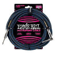 Ernie Ball 6060 кабель инструментальный, прямой / угловой джеки, длина 7,62 м, цвет чёрный с голубым