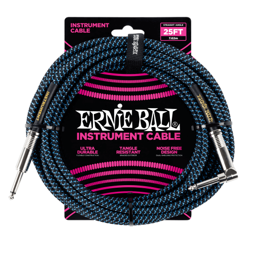 Ernie Ball 6060 кабель инструментальный, прямой / угловой джеки, длина 7,62 м, цвет чёрный с голубым