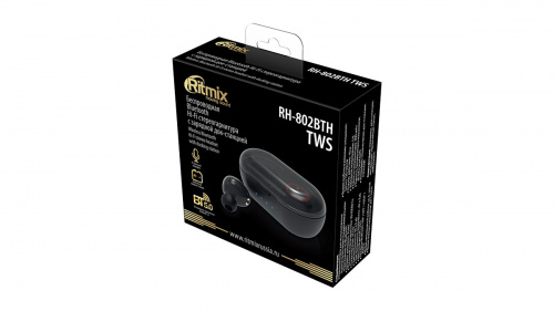 RITMIX RH-802BTH TWS Black Bluetooth 5.0, 10 мм, 20-20000 Гц, 32 Ом, 40 мАч (наушники), кейс 300 мАч, до 4 ч на одном заряде, microUSB 5 В, пластик фото 2