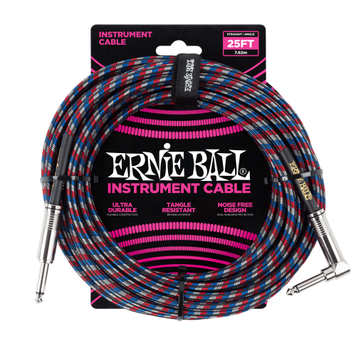 Ernie Ball 6063 кабель инструментальный, прямой / угловой джеки, 7,62 м, цвет красный с белым и синим