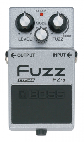 BOSS FZ-5 педаль гитарная Fuzz. Регуляторы: Level, Mode и Fuzz. Индикатор Check. Разъемы: вход/выход (гнезда Jack), гнездо для адаптера 9V. Металличес