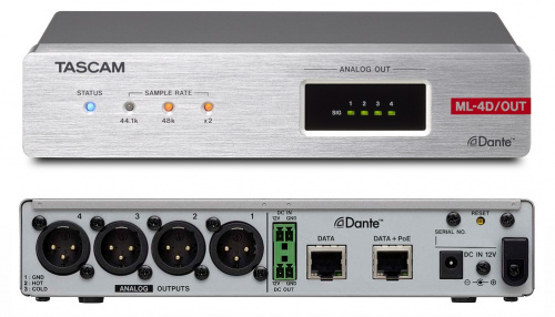Tascam ML-4D/OUT-X Dante-Analogue конвертор с DSP Mixer, 4 аналоговых линейных выхода с разъёмом XLR, питание PoE (Power over Ethernet) или опциональн