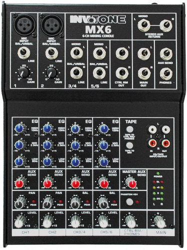 Invotone MX6 микшерный пульт,2 микрофонных входа, XLR и балансный Jack,2 стерео входа. фото 2