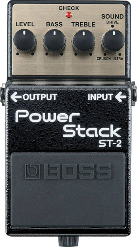 BOSS ST-2 гитарная педаль Power Stack. Регуляторы: Level, EQ и Sound. Индикатор Check. Разъемы: вход/выход (гнезда Jack), гнездо для адаптера 9V. Мета фото 3