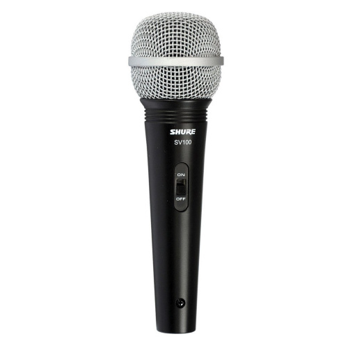 SHURE SV100-A микрофон динамический вокально-речевой с выключателем и кабелем (XLR-6.3 мм JACK), черный, серебристая сетка