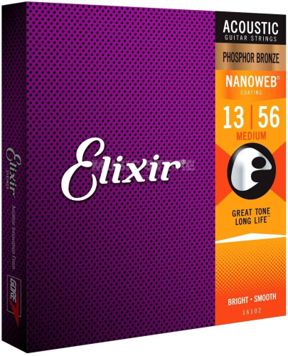 Elixir 16102 NanoWeb струны для акустич. гитары Medium 13-56, фосфор/бронза