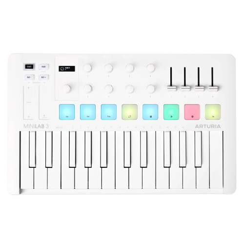 Arturia MiniLAB 3 Alpine White 25 клавишная MIDI-клавиатура пэд-контроллер, 9 регуляторов, 8 RGB пэдов, 8 фейдеров, дисплей, сенсорные регуляторы Pitc фото 2